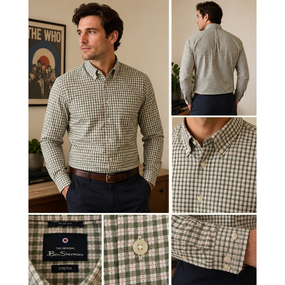 Ben Sherman Olive Plaid Slim Fit British Mod Button Down XL